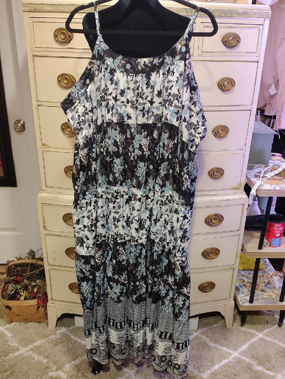 Light Blue and Black Floral Cotton Maxi Dress with Thin Straps